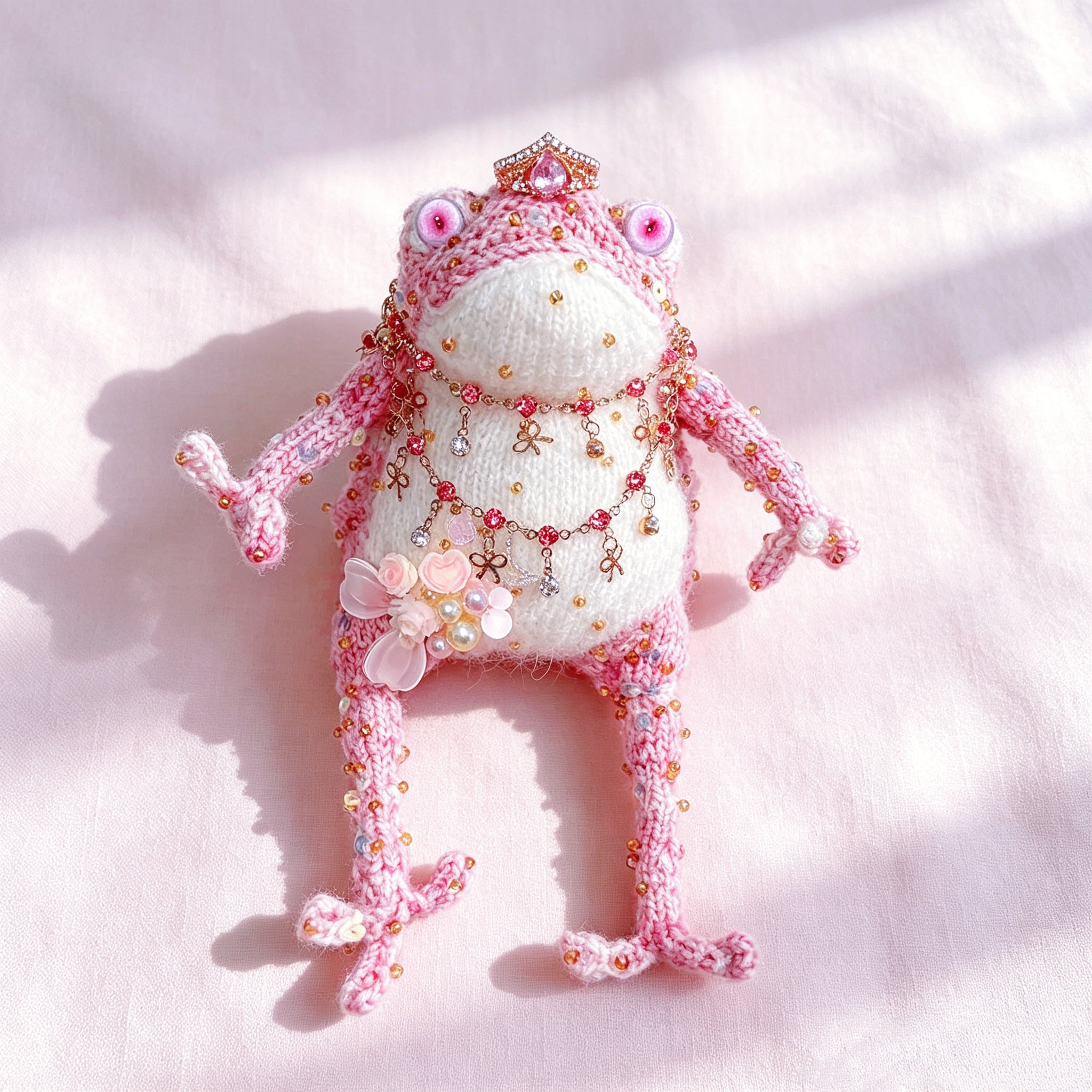 Pink Crown Toad – Hand-Knitted Figurine with Gold Crown, Pink Teardrop Gem, Layered Chains, Butterfly Bow Pendant &amp; Pearl Flower Cluster | The Third Space