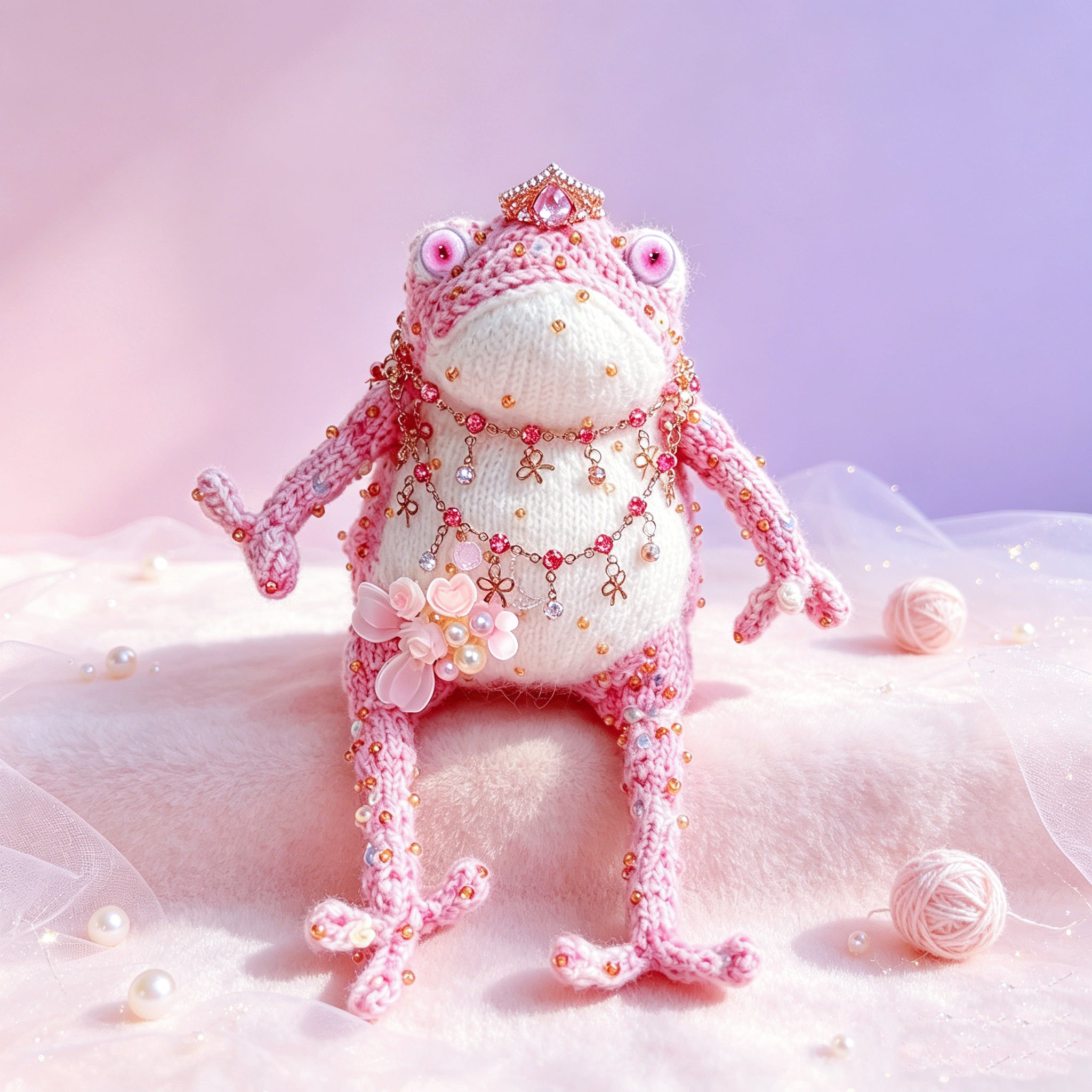 Pink Crown Toad – Hand-Knitted Figurine with Gold Crown, Pink Teardrop Gem, Layered Chains, Butterfly Bow Pendant &amp; Pearl Flower Cluster | The Third Space