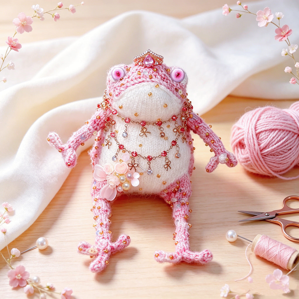 Pink Crown Toad – Hand-Knitted Figurine with Gold Crown, Pink Teardrop Gem, Layered Chains, Butterfly Bow Pendant &amp; Pearl Flower Cluster | The Third Space