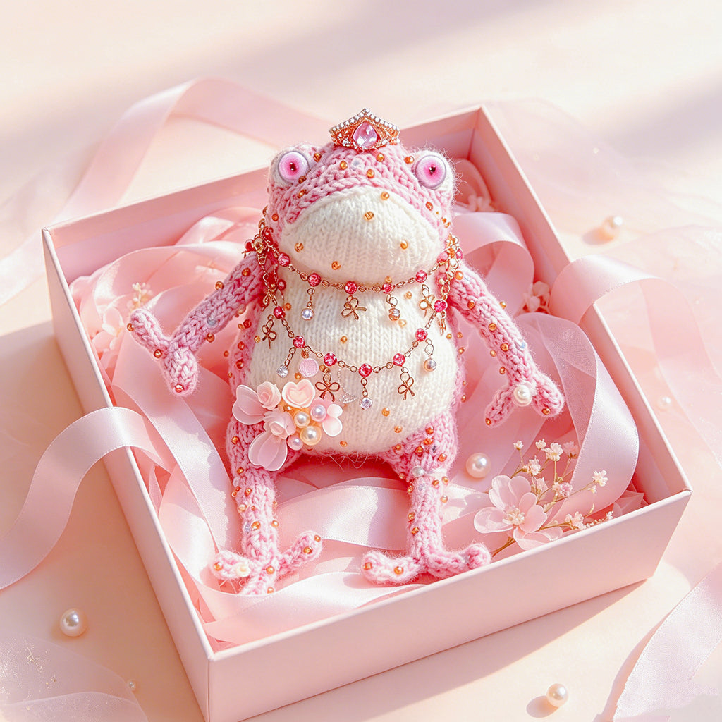 Pink Crown Toad – Hand-Knitted Figurine with Gold Crown, Pink Teardrop Gem, Layered Chains, Butterfly Bow Pendant &amp; Pearl Flower Cluster | The Third Space