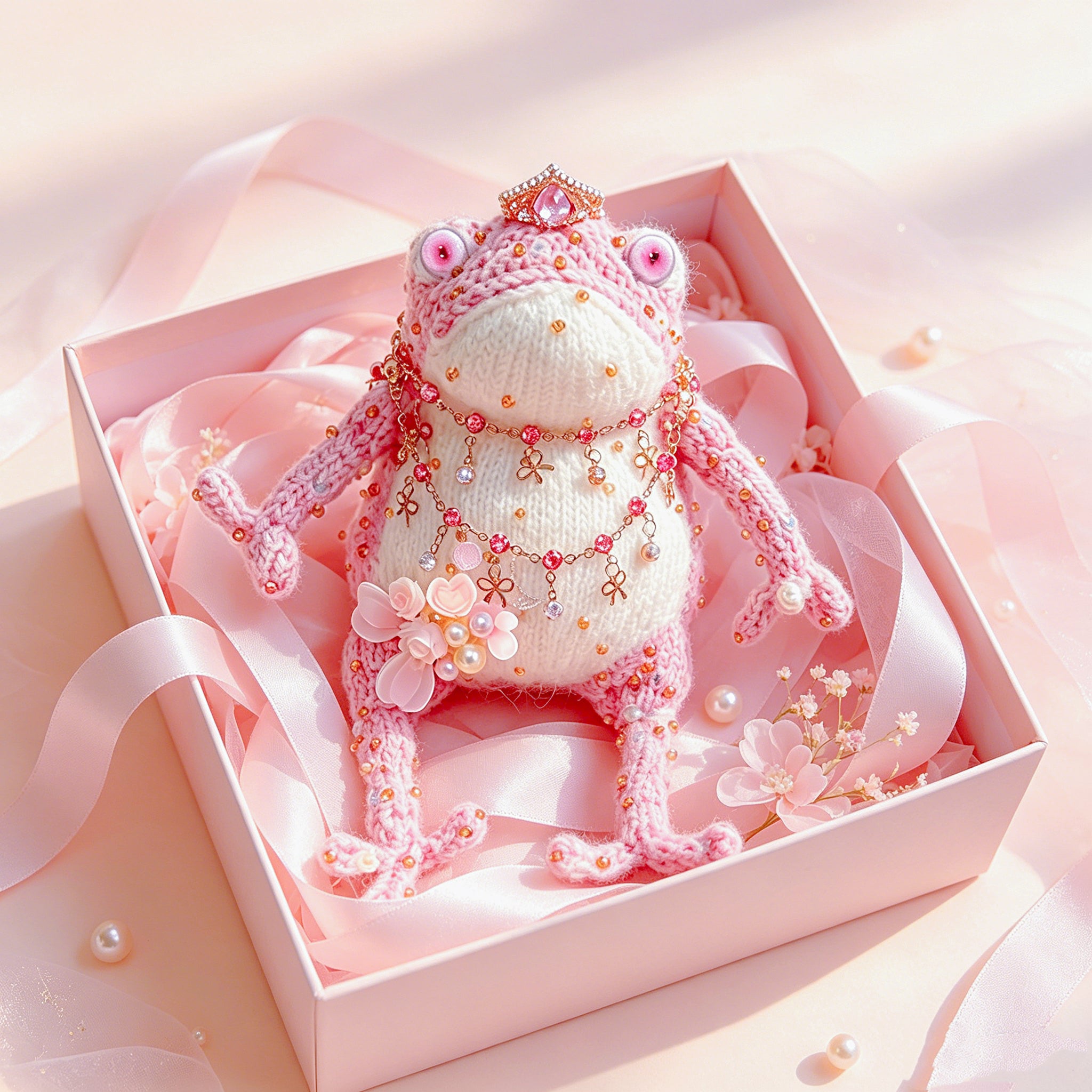 Pink Crown Toad – Hand-Knitted Figurine with Gold Crown, Pink Teardrop Gem, Layered Chains, Butterfly Bow Pendant &amp; Pearl Flower Cluster | The Third Space