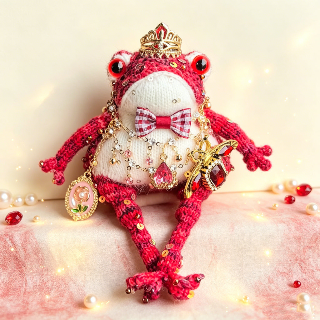 Vintage Court Toad – Hand-Knitted Figurine with Gold Crown, Ruby Insect Brooch, Rose Cameo Pendant, Layered Crystal Chains &amp; Bell-Toed Feet | The Third Space