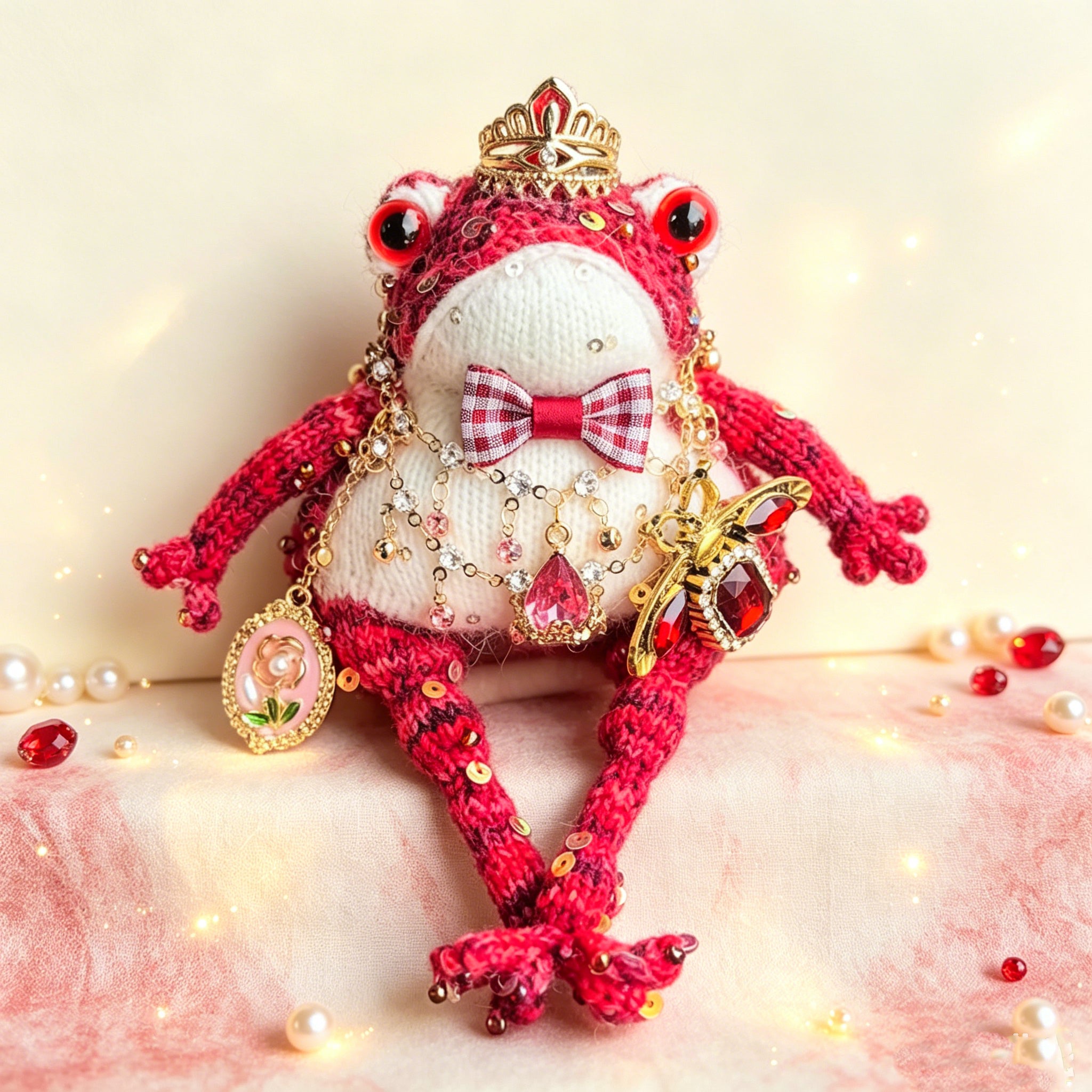 Vintage Court Toad – Hand-Knitted Figurine with Gold Crown, Ruby Insect Brooch, Rose Cameo Pendant, Layered Crystal Chains &amp; Bell-Toed Feet | The Third Space