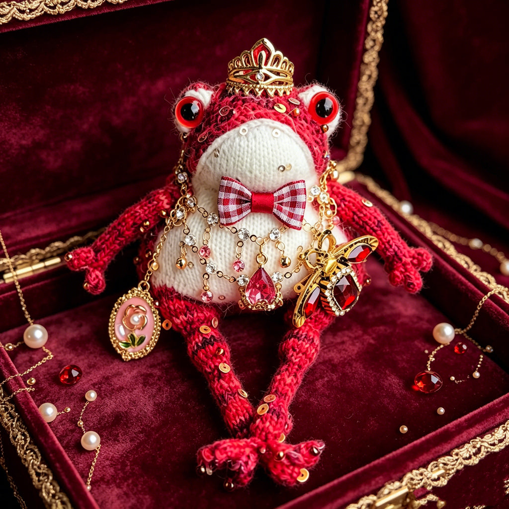 Vintage Court Toad – Hand-Knitted Figurine with Gold Crown, Ruby Insect Brooch, Rose Cameo Pendant, Layered Crystal Chains &amp; Bell-Toed Feet | The Third Space
