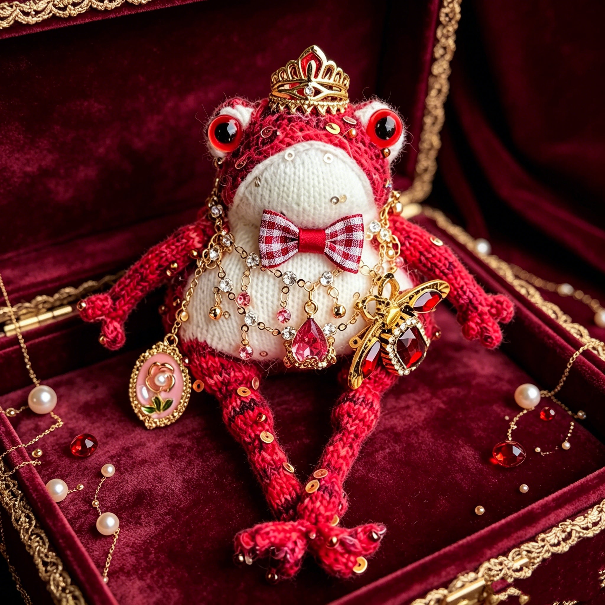 Vintage Court Toad – Hand-Knitted Figurine with Gold Crown, Ruby Insect Brooch, Rose Cameo Pendant, Layered Crystal Chains &amp; Bell-Toed Feet | The Third Space