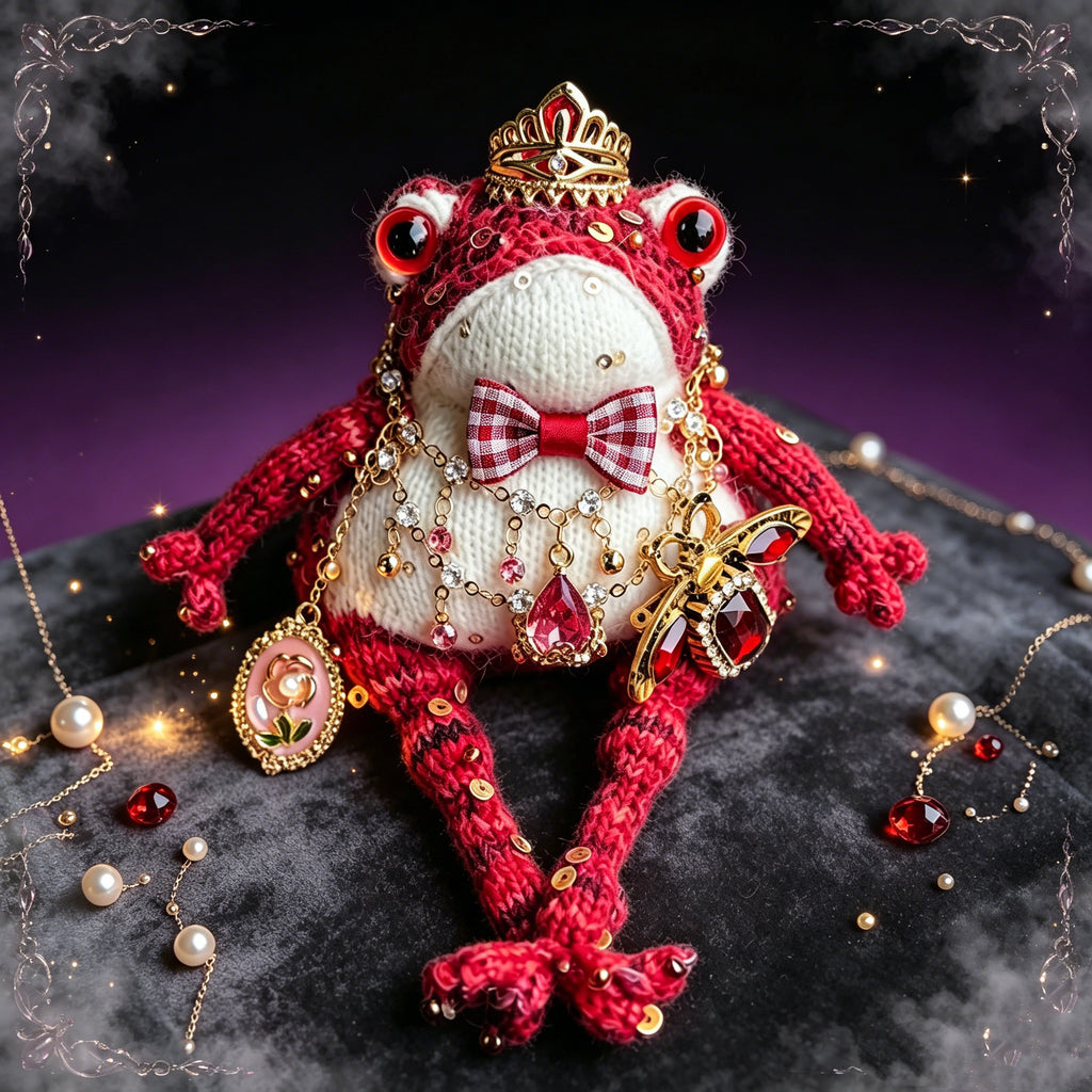 Vintage Court Toad – Hand-Knitted Figurine with Gold Crown, Ruby Insect Brooch, Rose Cameo Pendant, Layered Crystal Chains &amp; Bell-Toed Feet | The Third Space