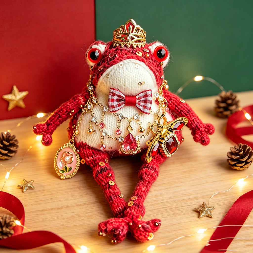 Vintage Court Toad – Hand-Knitted Figurine with Gold Crown, Ruby Insect Brooch, Rose Cameo Pendant, Layered Crystal Chains &amp; Bell-Toed Feet | The Third Space