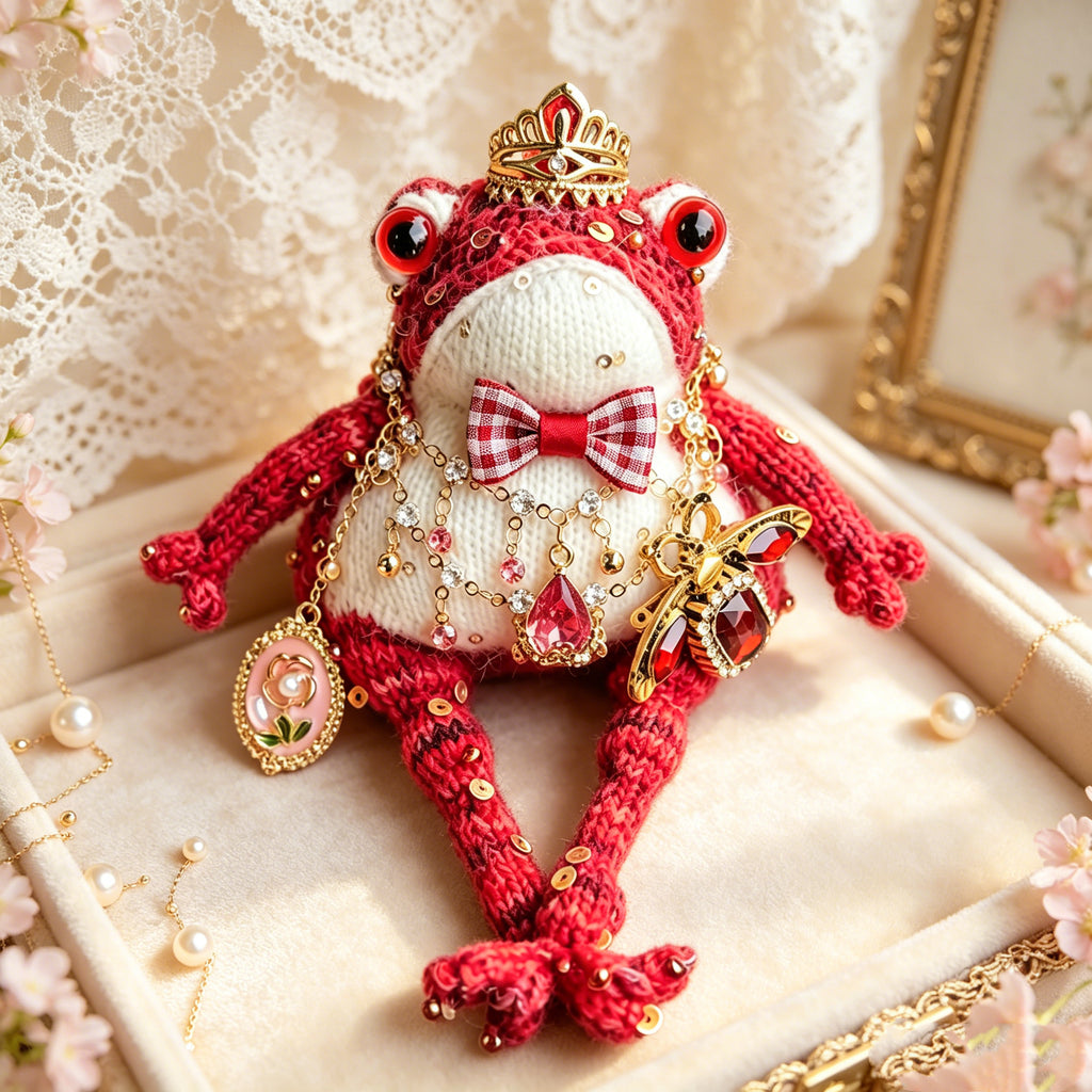 Vintage Court Toad – Hand-Knitted Figurine with Gold Crown, Ruby Insect Brooch, Rose Cameo Pendant, Layered Crystal Chains &amp; Bell-Toed Feet | The Third Space