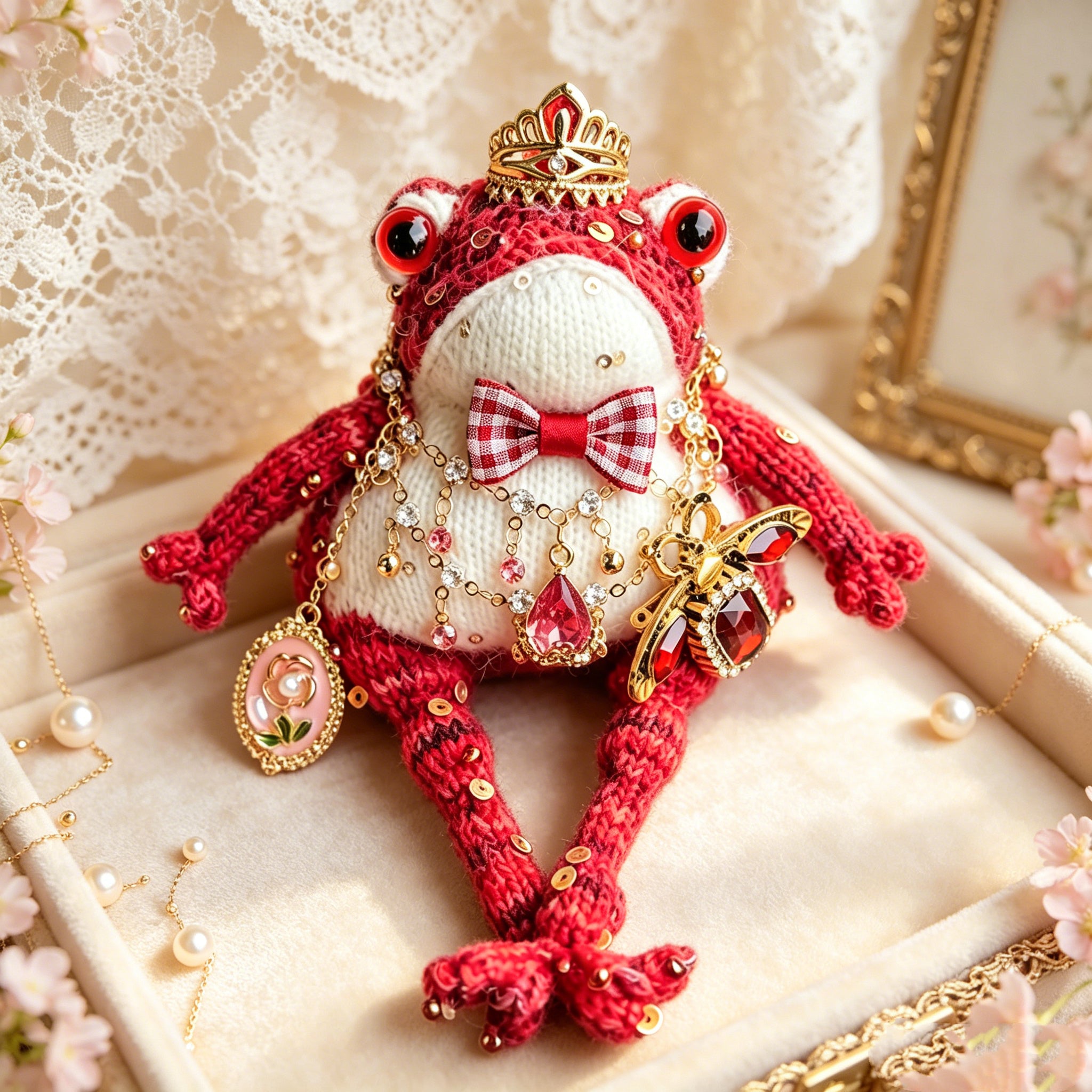 Vintage Court Toad – Hand-Knitted Figurine with Gold Crown, Ruby Insect Brooch, Rose Cameo Pendant, Layered Crystal Chains &amp; Bell-Toed Feet | The Third Space