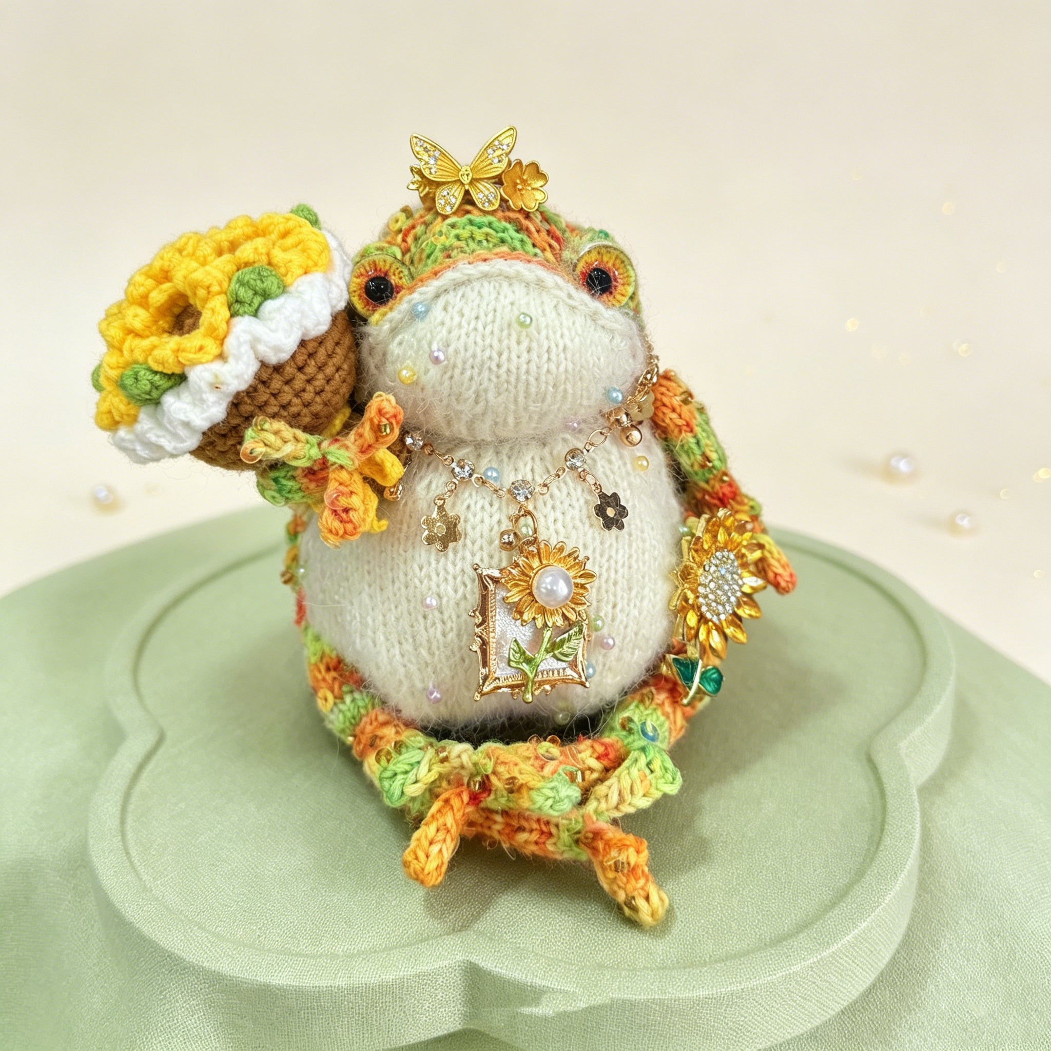 Sunflower Toad – Hand-Crocheted Garden Fairy Figurine with Butterfly Crown, Pearl Necklace, Yellow Sunflower &amp; Charm Pendants | The Third Space