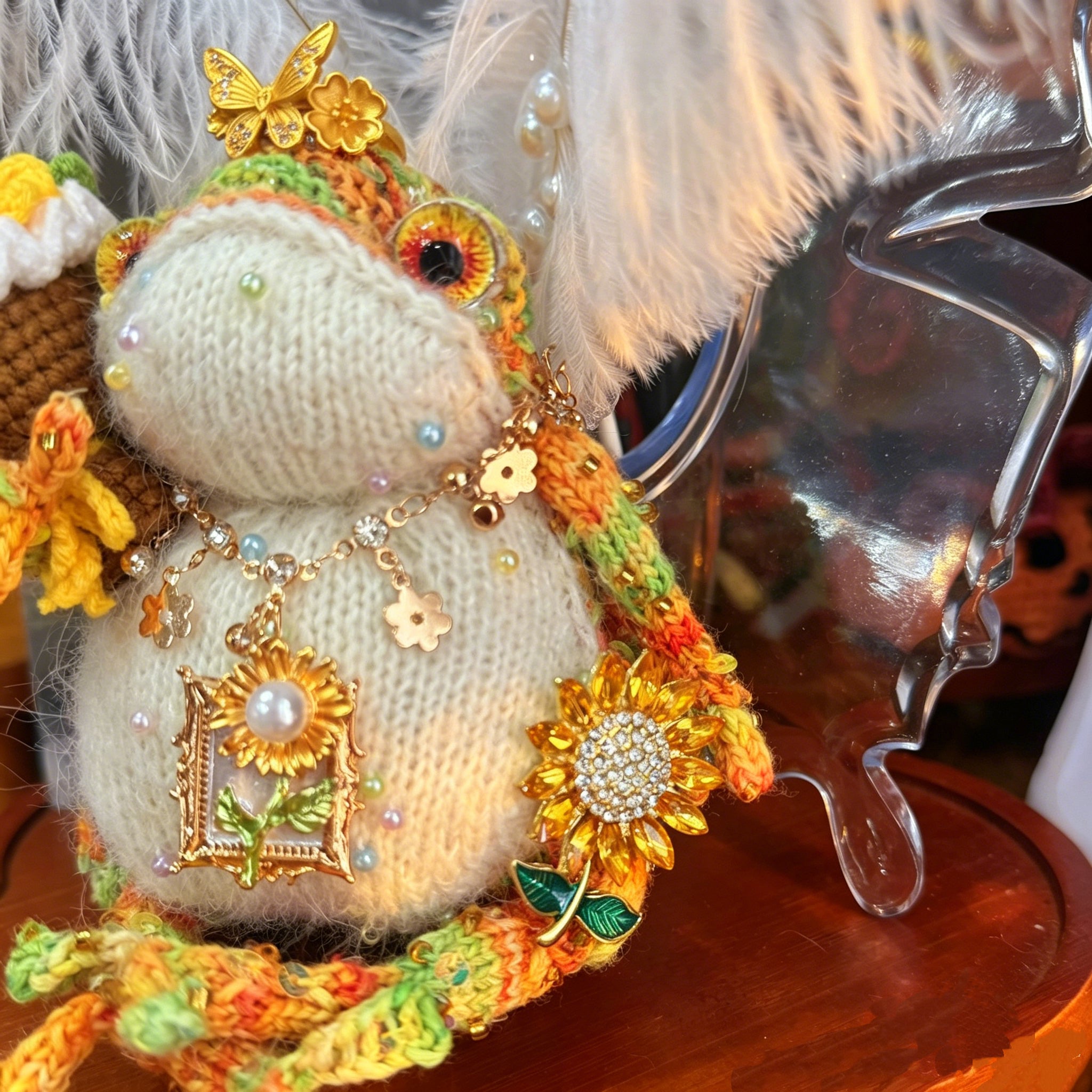 Sunflower Toad – Hand-Crocheted Garden Fairy Figurine with Butterfly Crown, Pearl Necklace, Yellow Sunflower &amp; Charm Pendants | The Third Space