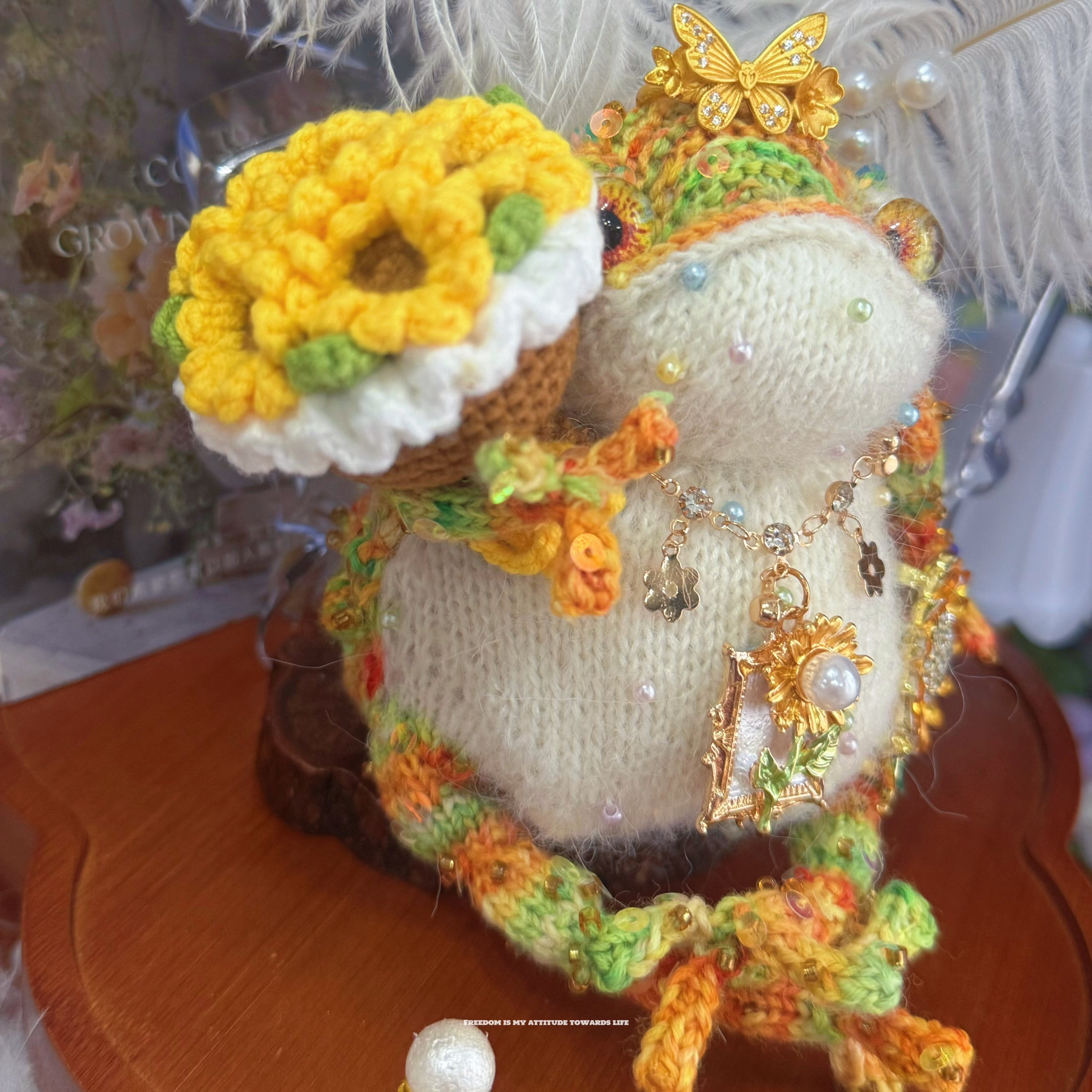 Sunflower Toad – Hand-Crocheted Garden Fairy Figurine with Butterfly Crown, Pearl Necklace, Yellow Sunflower &amp; Charm Pendants | The Third Space