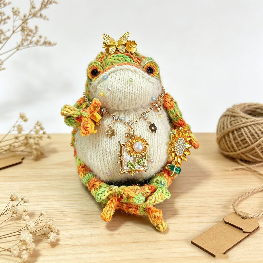 Sunflower Toad – Hand-Crocheted Garden Fairy Figurine with Butterfly Crown, Pearl Necklace, Yellow Sunflower &amp; Charm Pendants | The Third Space