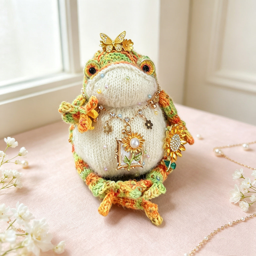 Sunflower Toad – Hand-Crocheted Garden Fairy Figurine with Butterfly Crown, Pearl Necklace, Yellow Sunflower &amp; Charm Pendants | The Third Space