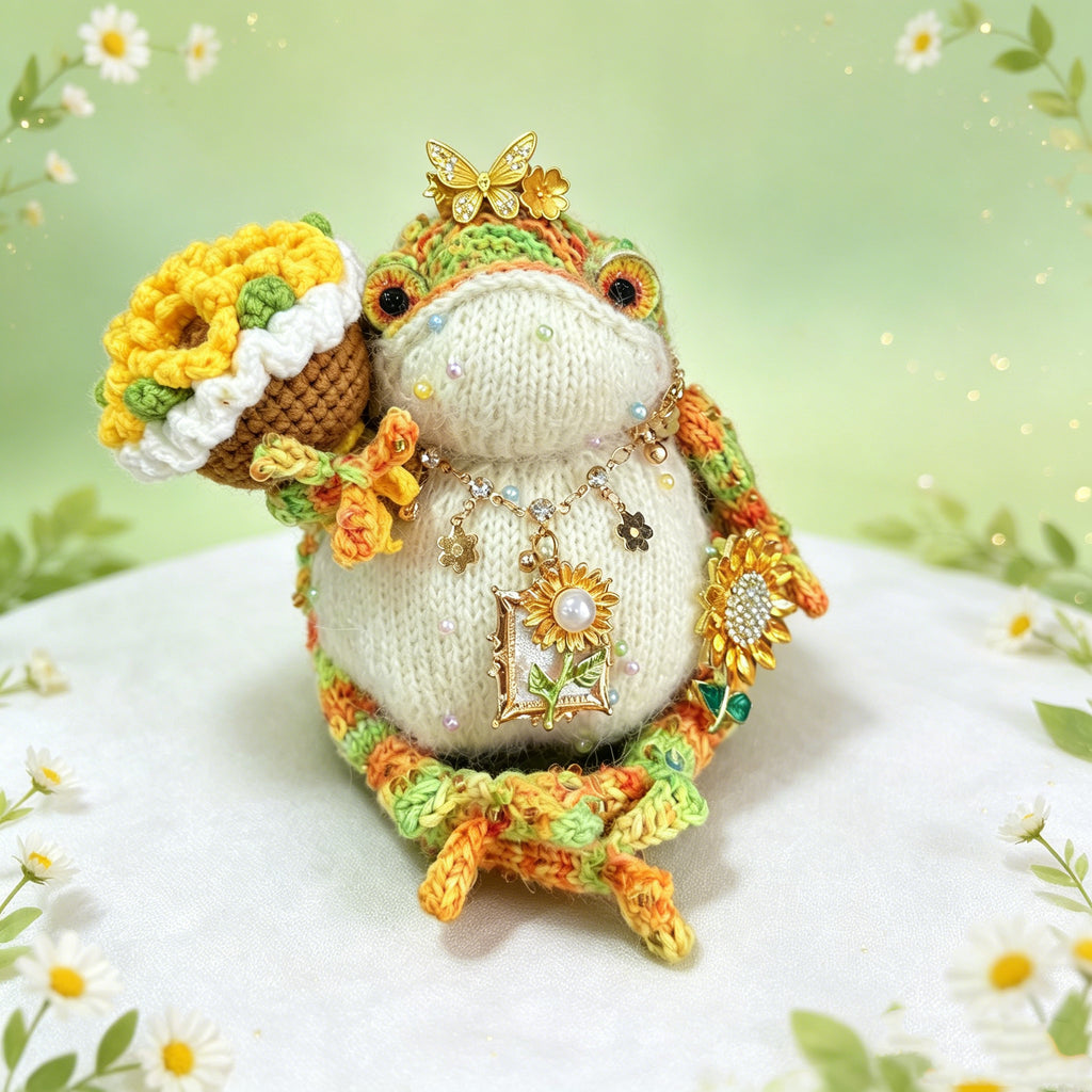 Sunflower Toad – Hand-Crocheted Garden Fairy Figurine with Butterfly Crown, Pearl Necklace, Yellow Sunflower &amp; Charm Pendants | The Third Space
