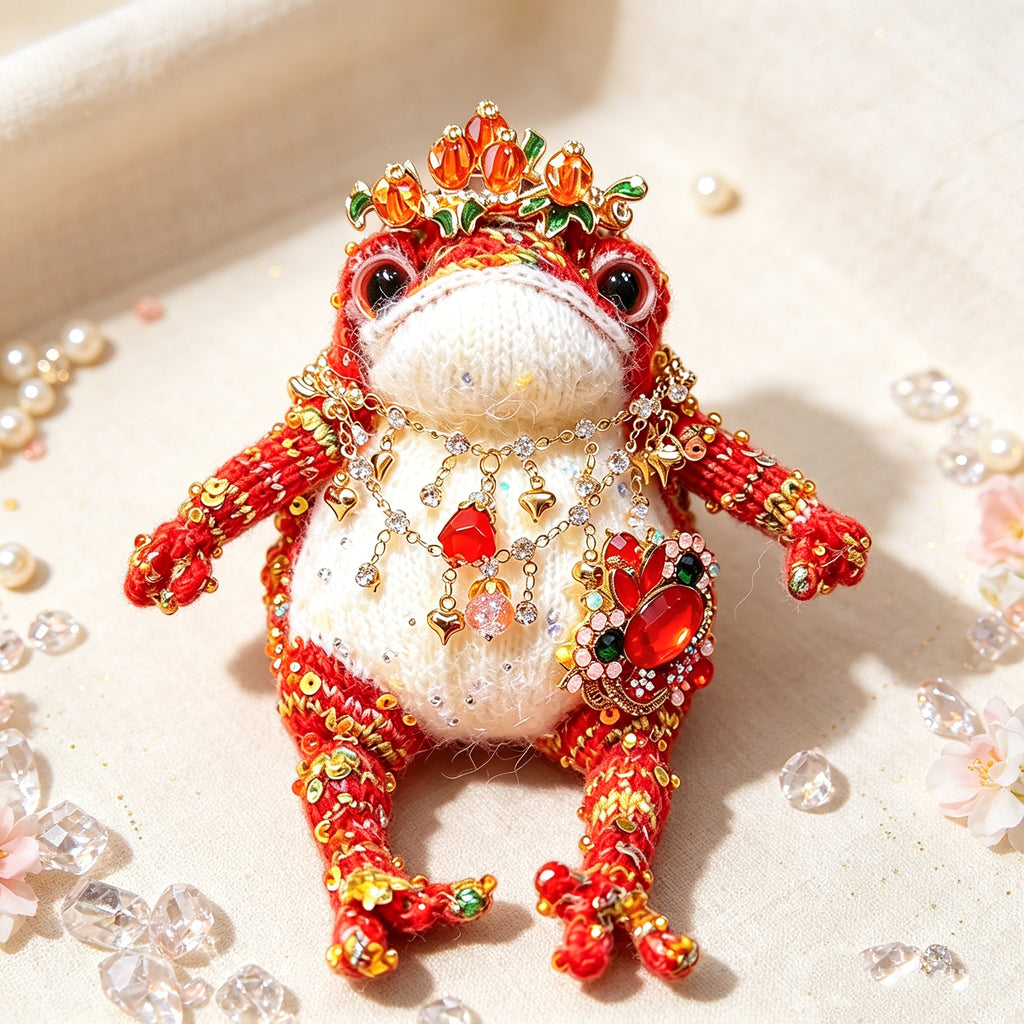 Ruby Jewel Toad – Handcrafted Red Crochet Figurine with Gold Crown, Layered Gem Necklace &amp; Ruby Brooch | The Third Space