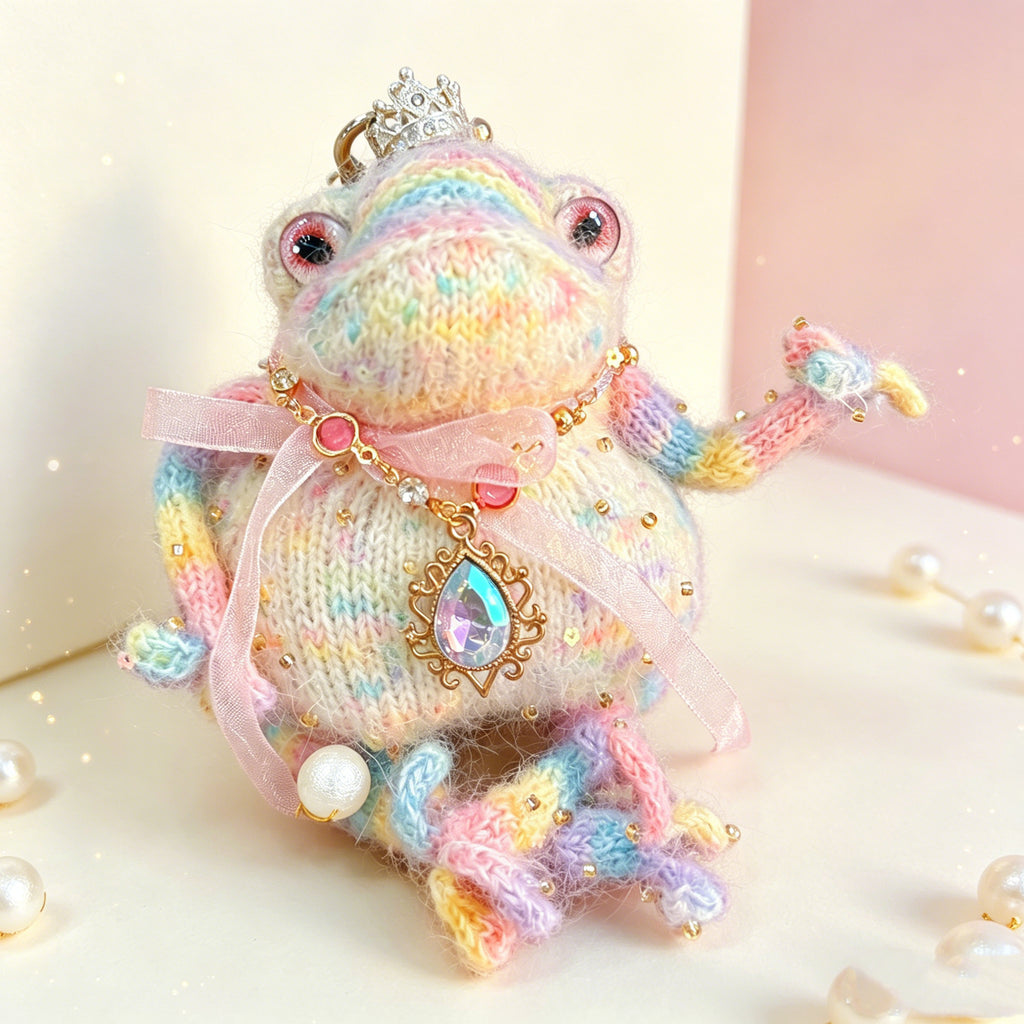Rainbow Charm Toad – Hand-Knitted Bag Charm with Silver Crystal Crown, Ruby Necklace, Pink Tulle Bow &amp; Pearl Tassel | The Third Space