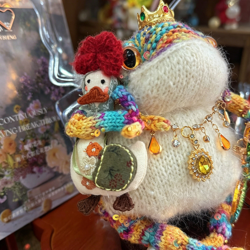 Rainbow Chameleon Toad – Hand-Knitted Figurine with Gold Ruby Crown, Vintage Layered Necklace, Crystal Chameleon Brooch &amp; Mini Duck Charm | The Third Space