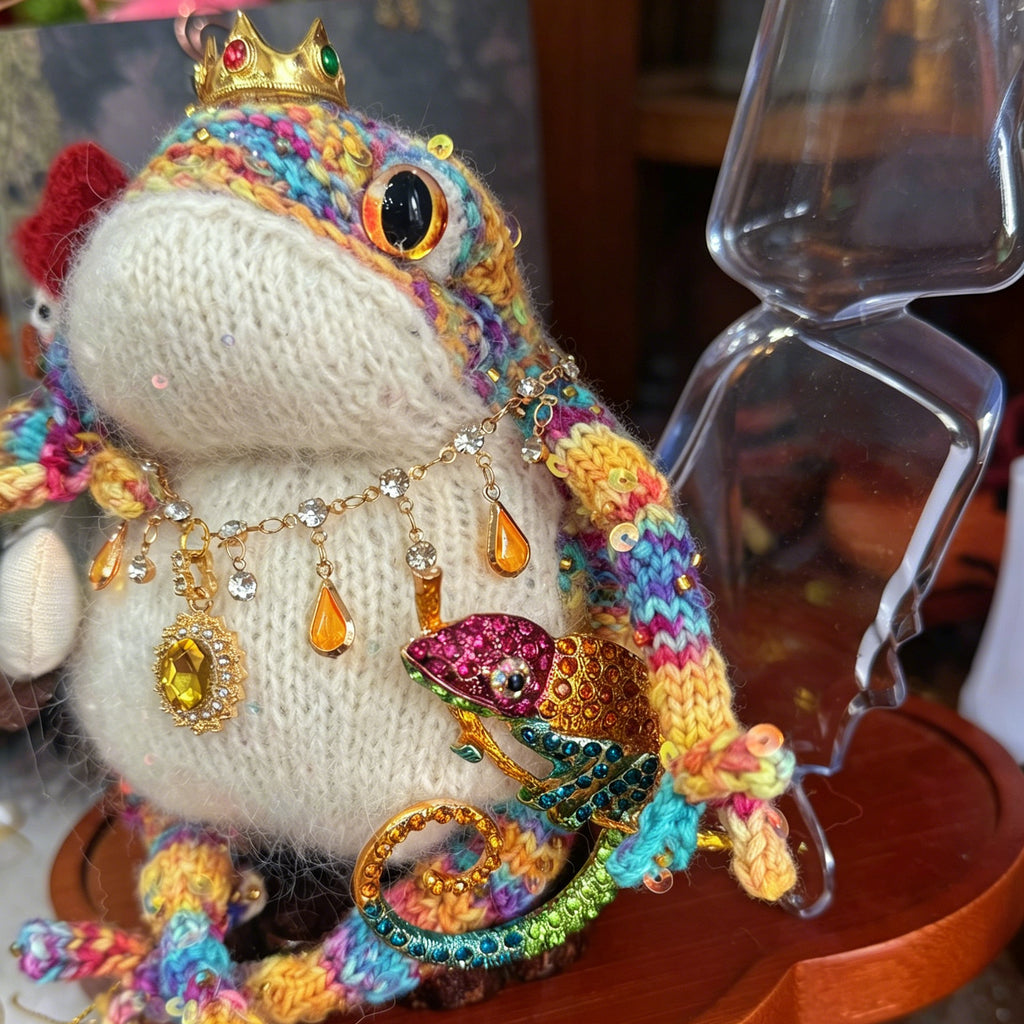 Rainbow Chameleon Toad – Hand-Knitted Figurine with Gold Ruby Crown, Vintage Layered Necklace, Crystal Chameleon Brooch &amp; Mini Duck Charm | The Third Space