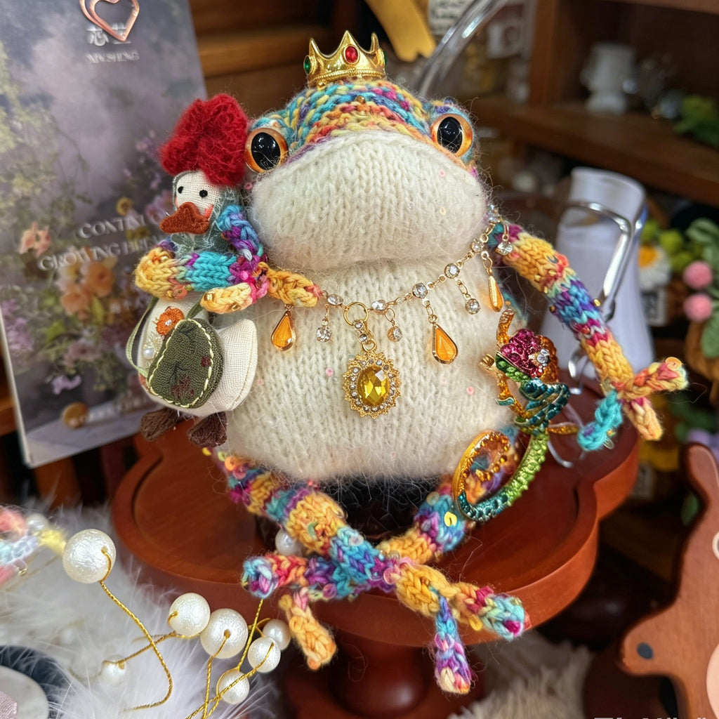 Rainbow Chameleon Toad – Hand-Knitted Figurine with Gold Ruby Crown, Vintage Layered Necklace, Crystal Chameleon Brooch &amp; Mini Duck Charm | The Third Space
