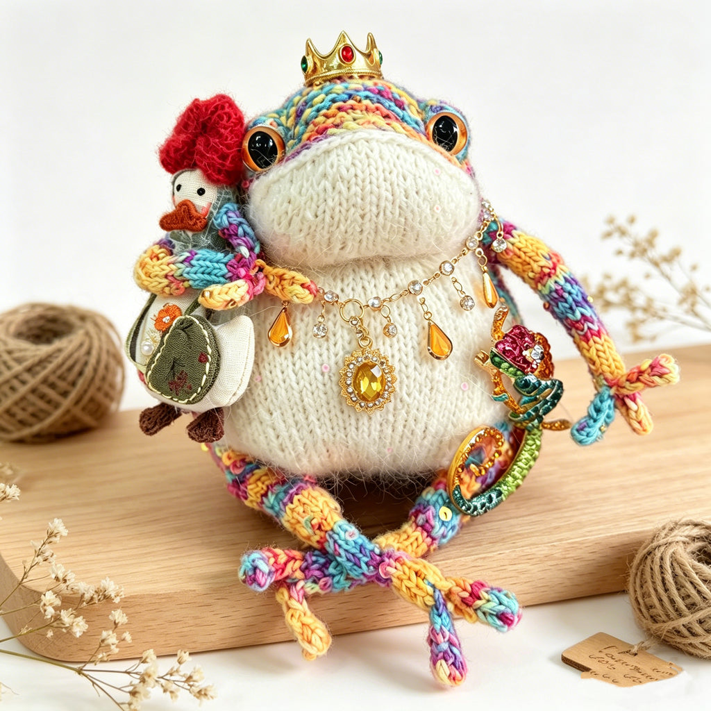Rainbow Chameleon Toad – Hand-Knitted Figurine with Gold Ruby Crown, Vintage Layered Necklace, Crystal Chameleon Brooch &amp; Mini Duck Charm | The Third Space