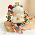 Rainbow Chameleon Toad – Hand-Knitted Figurine with Gold Ruby Crown, Vintage Layered Necklace, Crystal Chameleon Brooch &amp; Mini Duck Charm | The Third Space