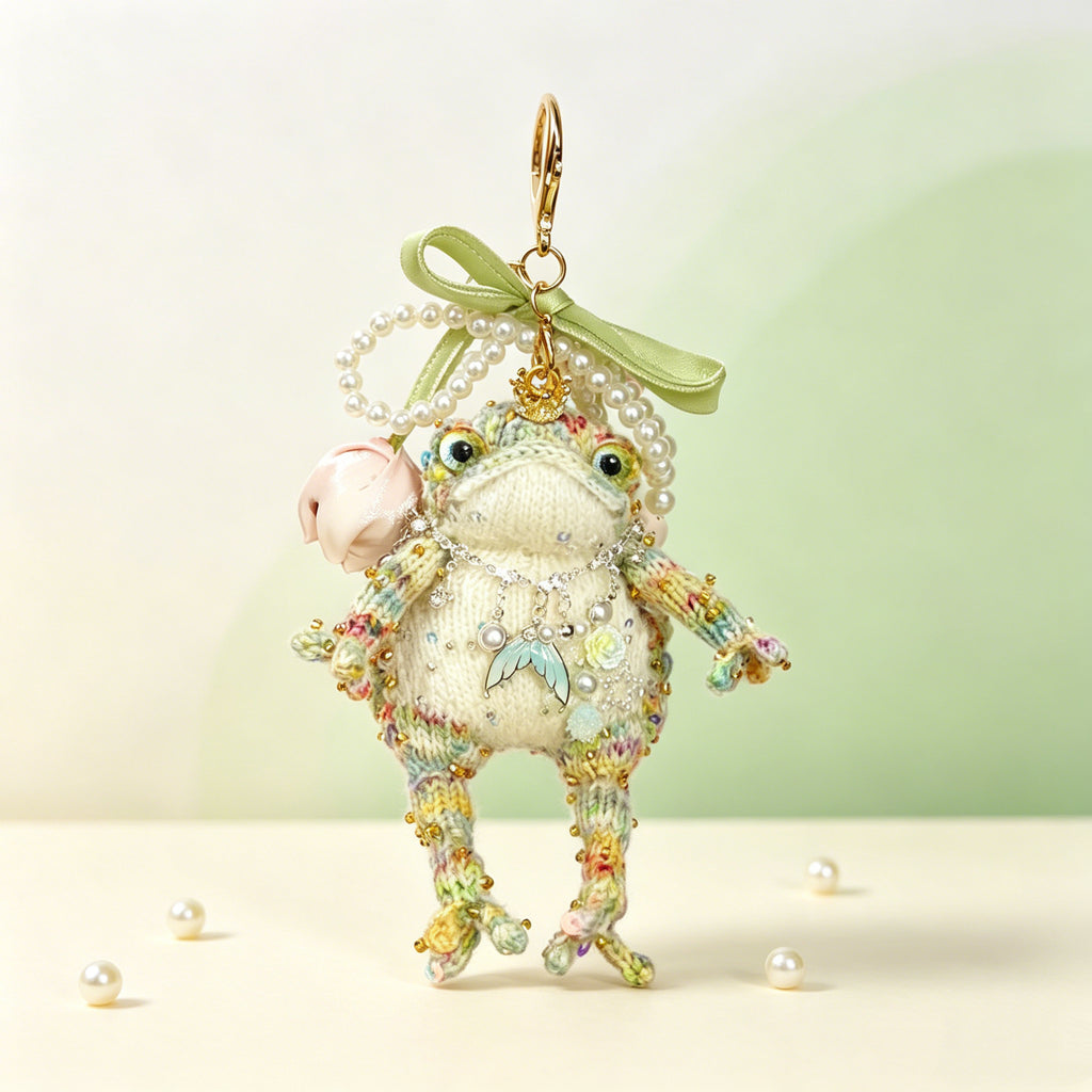 Woodland &amp; Mermaid Toad Charm Duo – Set of 2 Hand-Crocheted Fairy-Tale Keychains with Crowns, Pearl Loops &amp; Crystal Charms | The Third Space