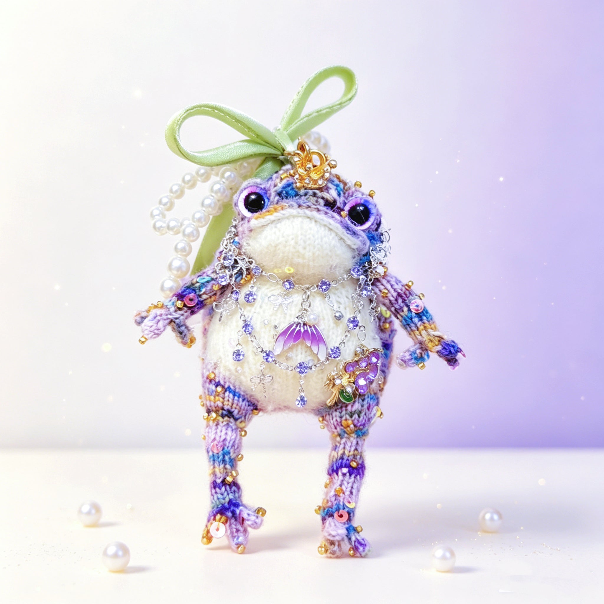 Woodland &amp; Mermaid Toad Charm Duo – Set of 2 Hand-Crocheted Fairy-Tale Keychains with Crowns, Pearl Loops &amp; Crystal Charms | The Third Space
