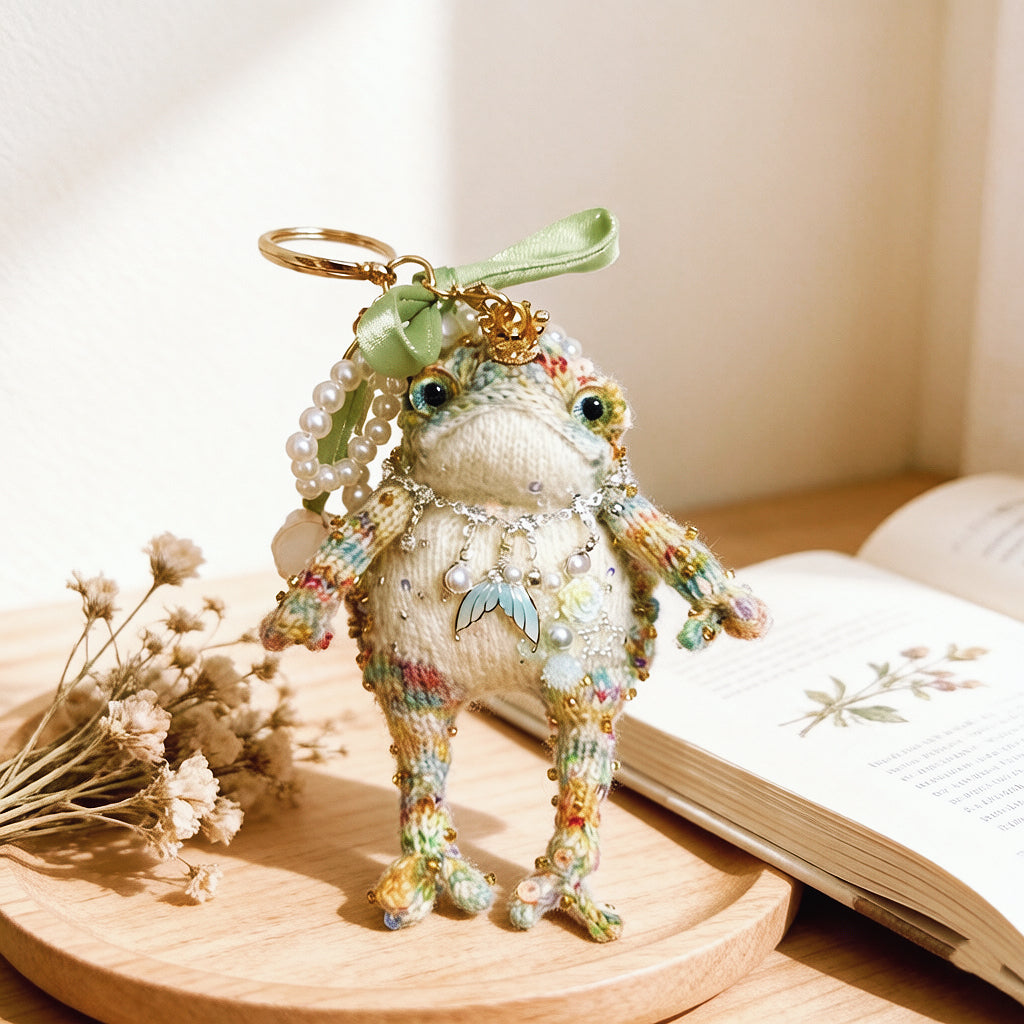 Woodland &amp; Mermaid Toad Charm Duo – Set of 2 Hand-Crocheted Fairy-Tale Keychains with Crowns, Pearl Loops &amp; Crystal Charms | The Third Space
