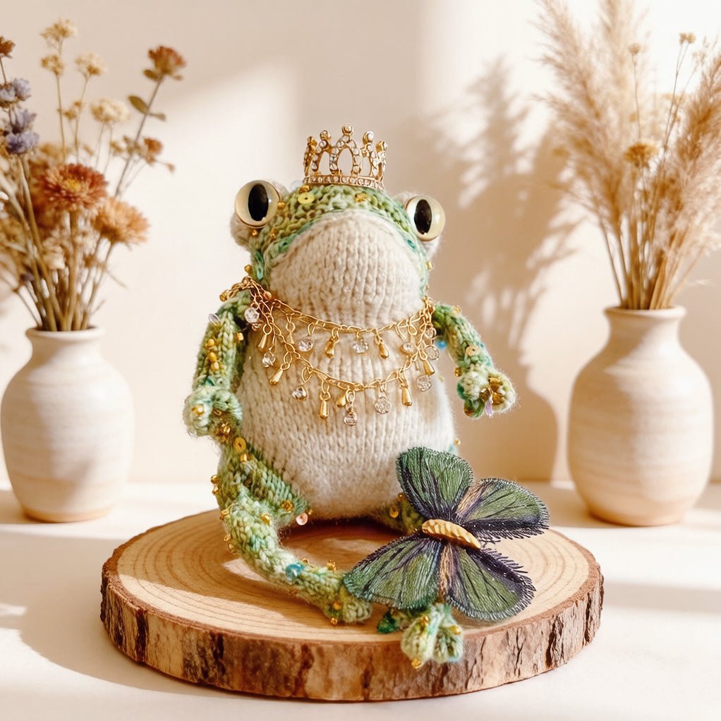 Woodland Figurine &amp; Dreamy Keychain Toad Duo – Set of 2 Hand-Knitted Crowned Toads with Golden Crowns, Layered Necklaces &amp; Embroidered Butterflies | The Third Space