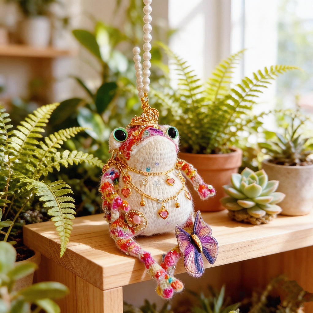 Woodland Figurine &amp; Dreamy Keychain Toad Duo – Set of 2 Hand-Knitted Crowned Toads with Golden Crowns, Layered Necklaces &amp; Embroidered Butterflies | The Third Space