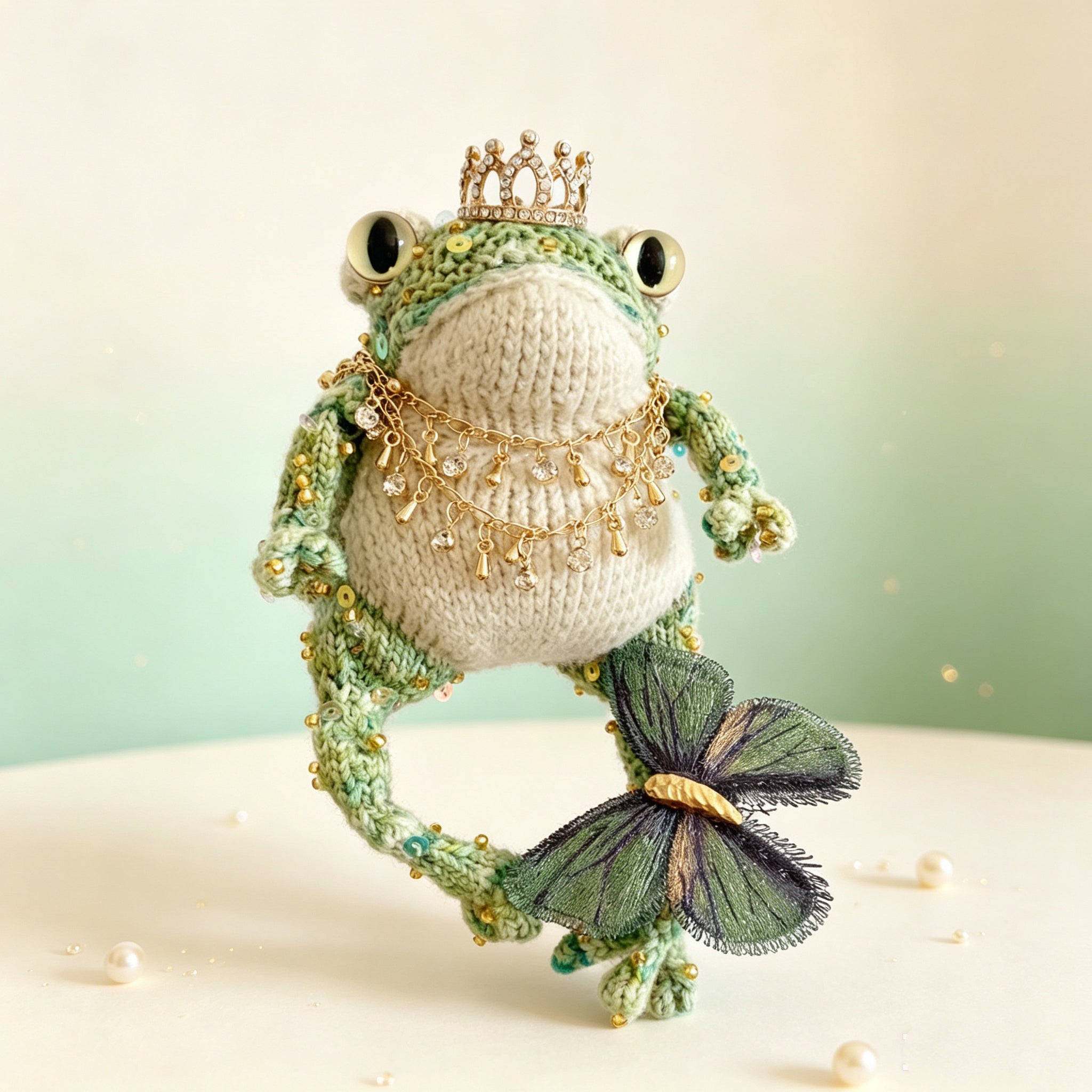 Woodland Figurine &amp; Dreamy Keychain Toad Duo – Set of 2 Hand-Knitted Crowned Toads with Golden Crowns, Layered Necklaces &amp; Embroidered Butterflies | The Third Space