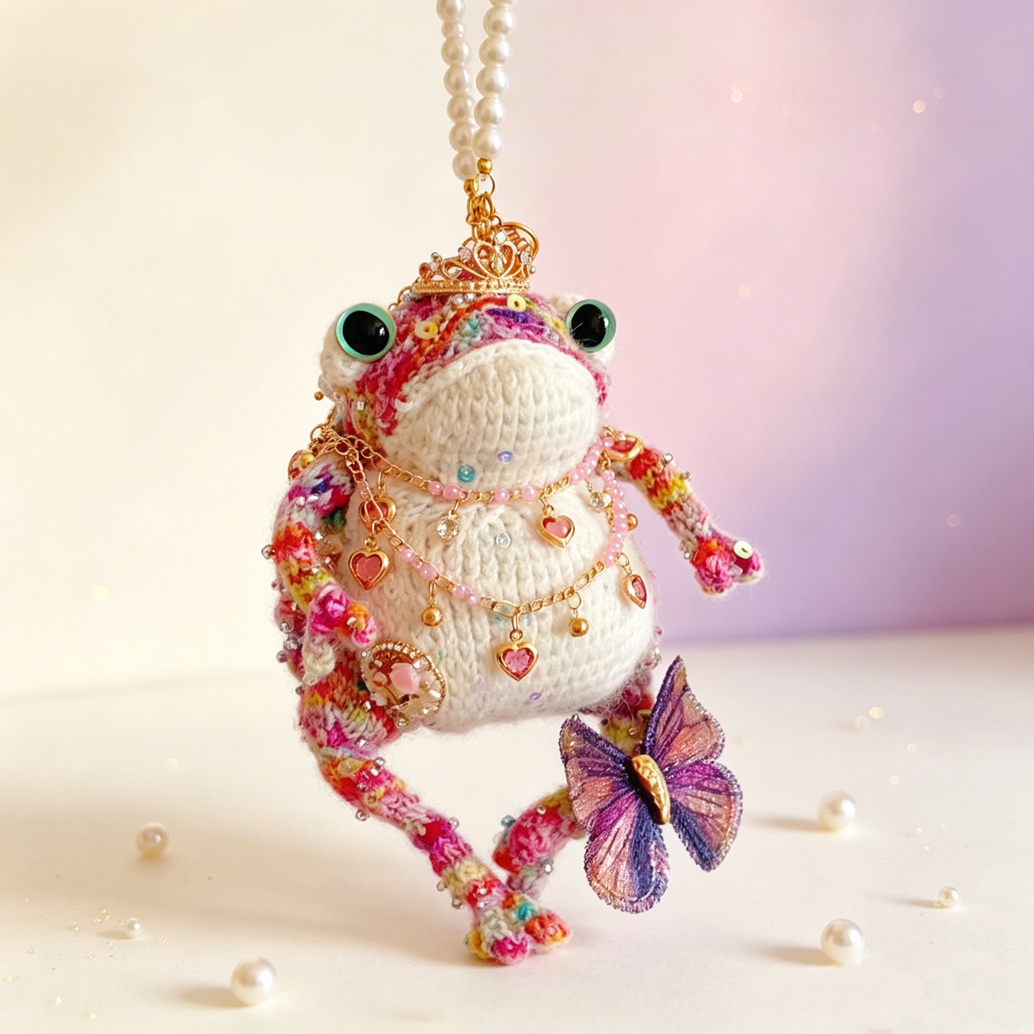 Woodland Figurine &amp; Dreamy Keychain Toad Duo – Set of 2 Hand-Knitted Crowned Toads with Golden Crowns, Layered Necklaces &amp; Embroidered Butterflies | The Third Space