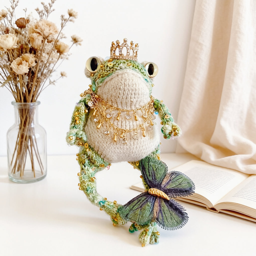Woodland Figurine &amp; Dreamy Keychain Toad Duo – Set of 2 Hand-Knitted Crowned Toads with Golden Crowns, Layered Necklaces &amp; Embroidered Butterflies | The Third Space