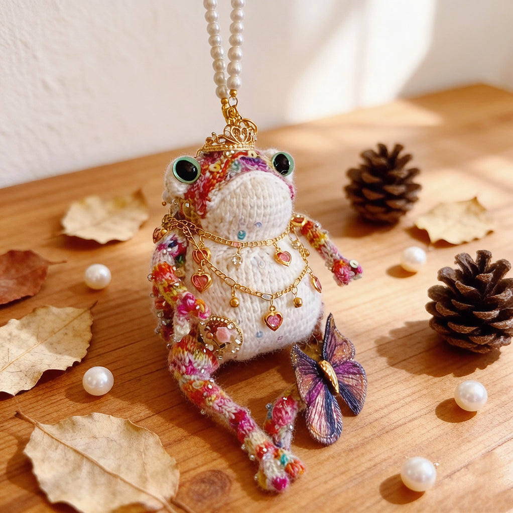Woodland Figurine &amp; Dreamy Keychain Toad Duo – Set of 2 Hand-Knitted Crowned Toads with Golden Crowns, Layered Necklaces &amp; Embroidered Butterflies | The Third Space