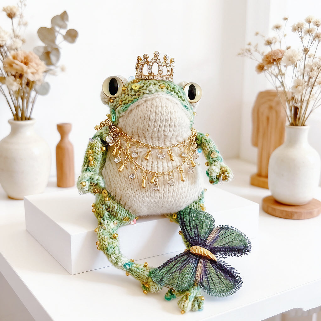 Woodland Figurine &amp; Dreamy Keychain Toad Duo – Set of 2 Hand-Knitted Crowned Toads with Golden Crowns, Layered Necklaces &amp; Embroidered Butterflies | The Third Space