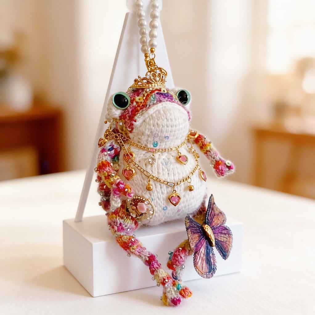 Woodland Figurine &amp; Dreamy Keychain Toad Duo – Set of 2 Hand-Knitted Crowned Toads with Golden Crowns, Layered Necklaces &amp; Embroidered Butterflies | The Third Space