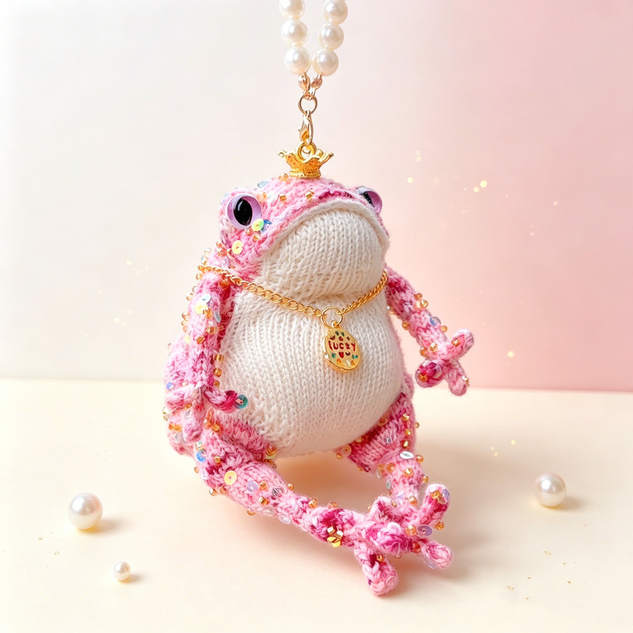 Lucky Pink Crown Toad – Hand-Knitted Bag Charm with Gold Crown, Glittery Pink Limbs, Purple Button Eyes &amp; "LUCKY" Pendant | The Third Space