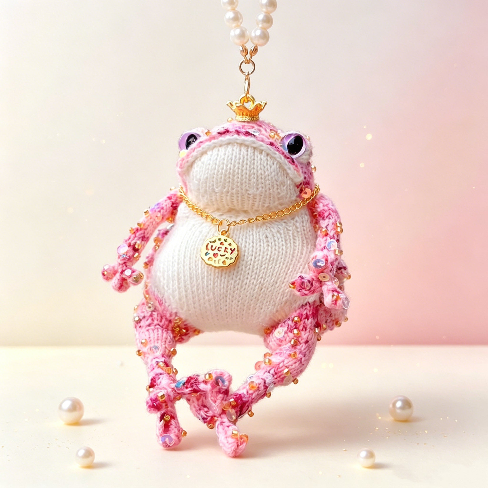 Lucky Pink Crown Toad – Hand-Knitted Bag Charm with Gold Crown, Glittery Pink Limbs, Purple Button Eyes &amp; "LUCKY" Pendant | The Third Space