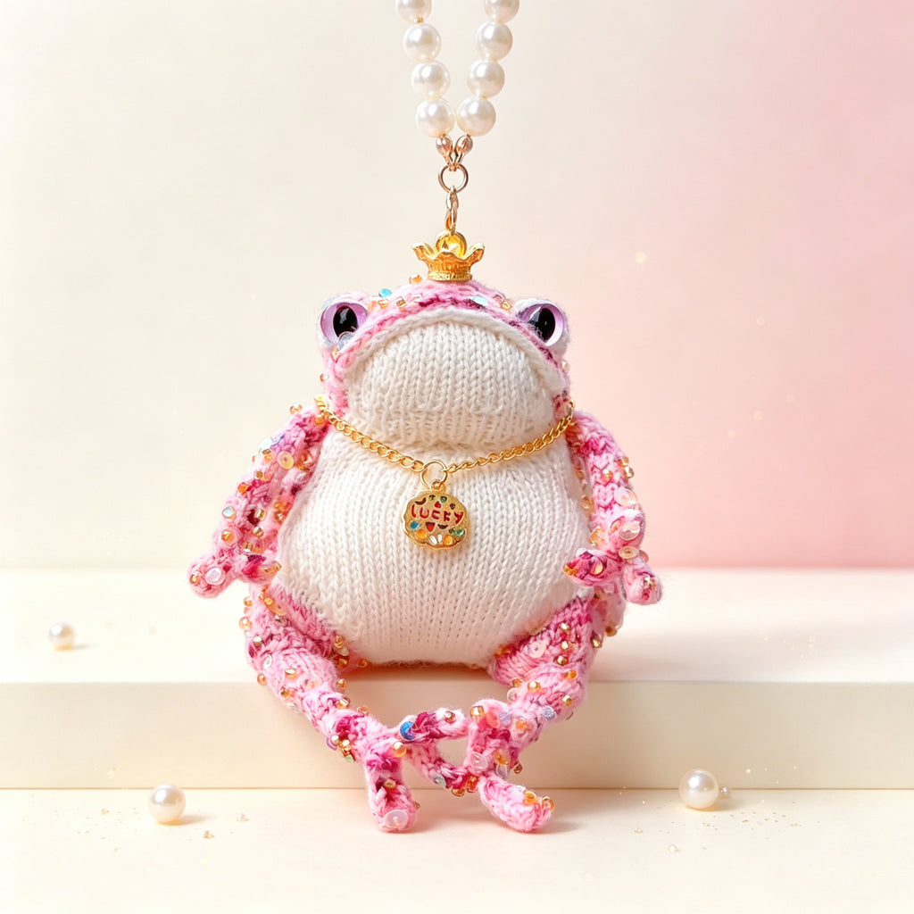 Lucky Pink Crown Toad – Hand-Knitted Bag Charm with Gold Crown, Glittery Pink Limbs, Purple Button Eyes &amp; "LUCKY" Pendant | The Third Space