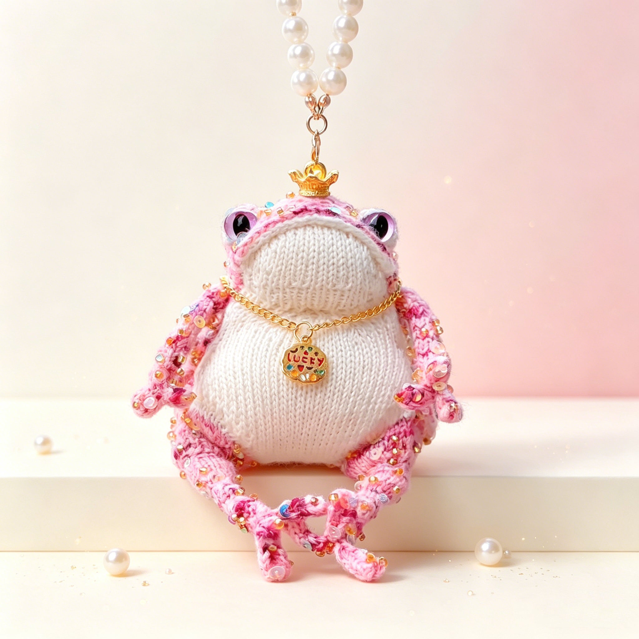 Lucky Pink Crown Toad – Hand-Knitted Bag Charm with Gold Crown, Glittery Pink Limbs, Purple Button Eyes &amp; "LUCKY" Pendant | The Third Space