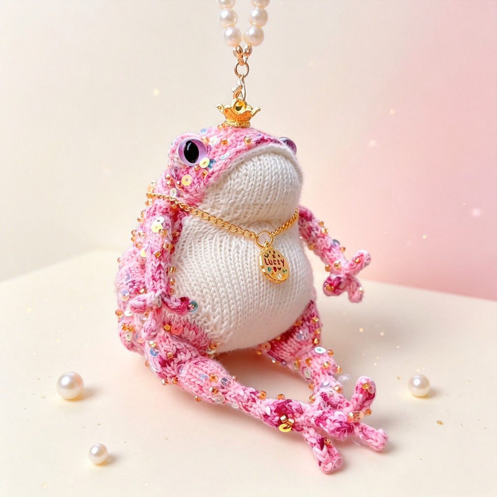 Lucky Pink Crown Toad – Hand-Knitted Bag Charm with Gold Crown, Glittery Pink Limbs, Purple Button Eyes &amp; "LUCKY" Pendant | The Third Space