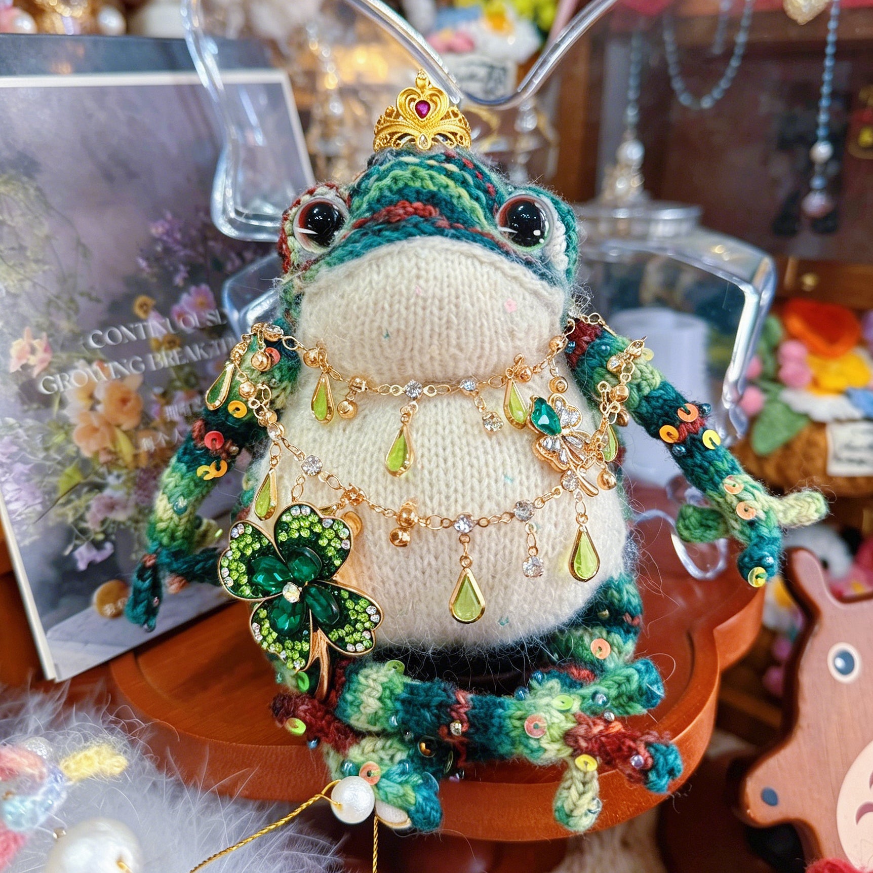 Royal Clover Toad – Hand-Knitted Figurine with Ruby Crown, Layered Crystal Necklace, Lucky Clover Brooch, Green Teardrop Pendants &amp; Pearl Toes | The Third Space