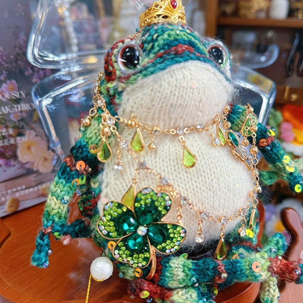 Royal Clover Toad – Hand-Knitted Figurine with Ruby Crown, Layered Crystal Necklace, Lucky Clover Brooch, Green Teardrop Pendants &amp; Pearl Toes | The Third Space
