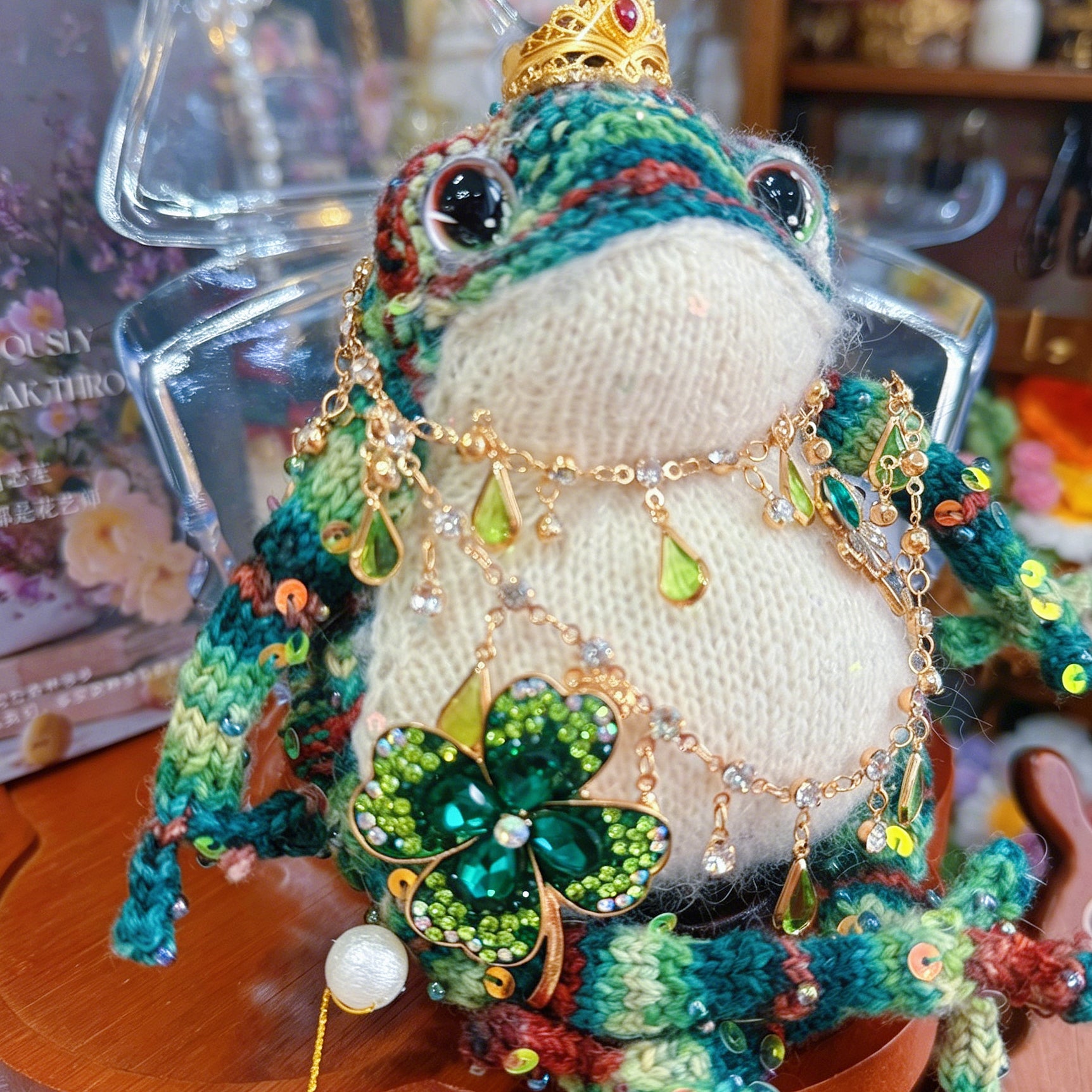 Royal Clover Toad – Hand-Knitted Figurine with Ruby Crown, Layered Crystal Necklace, Lucky Clover Brooch, Green Teardrop Pendants &amp; Pearl Toes | The Third Space