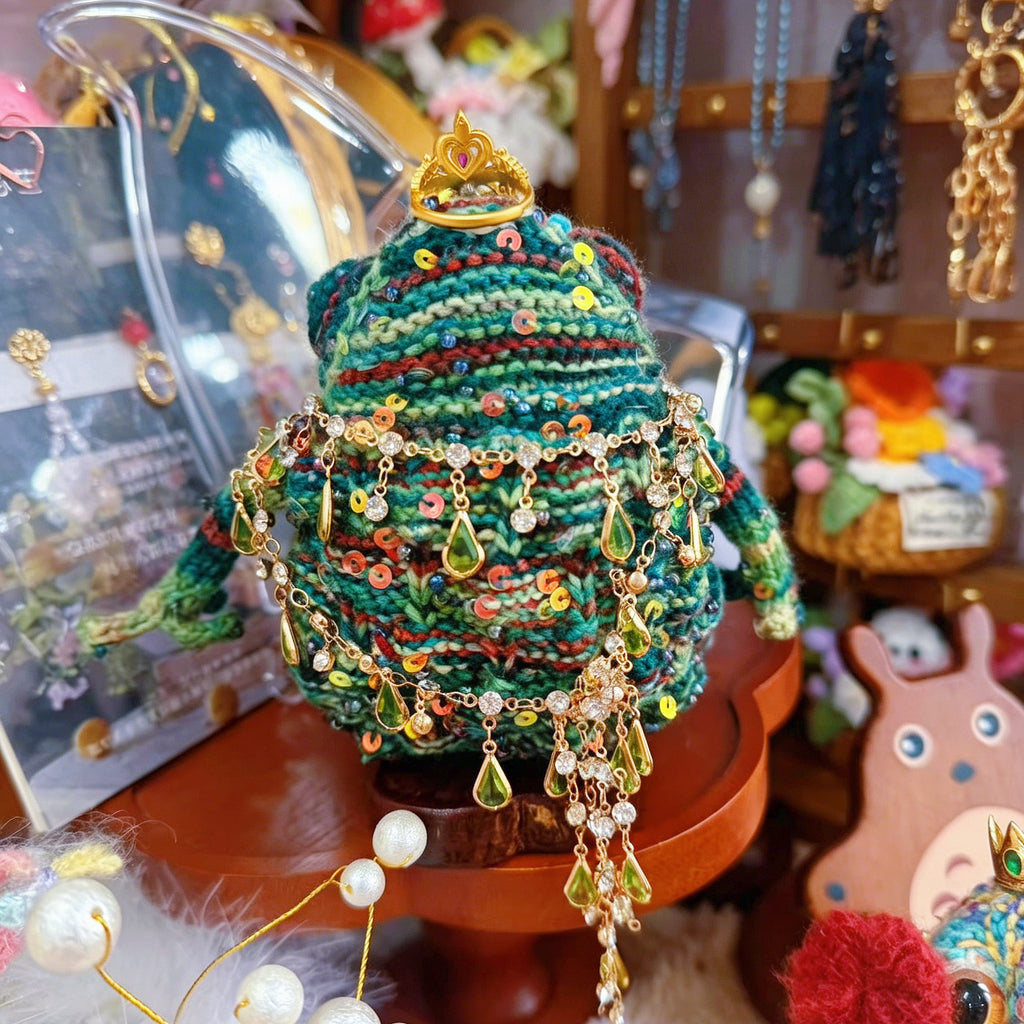 Royal Clover Toad – Hand-Knitted Figurine with Ruby Crown, Layered Crystal Necklace, Lucky Clover Brooch, Green Teardrop Pendants &amp; Pearl Toes | The Third Space