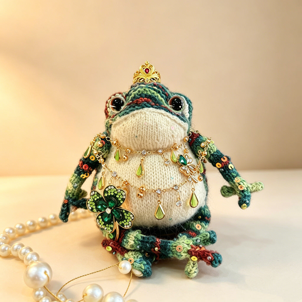 Royal Clover Toad – Hand-Knitted Figurine with Ruby Crown, Layered Crystal Necklace, Lucky Clover Brooch, Green Teardrop Pendants &amp; Pearl Toes | The Third Space