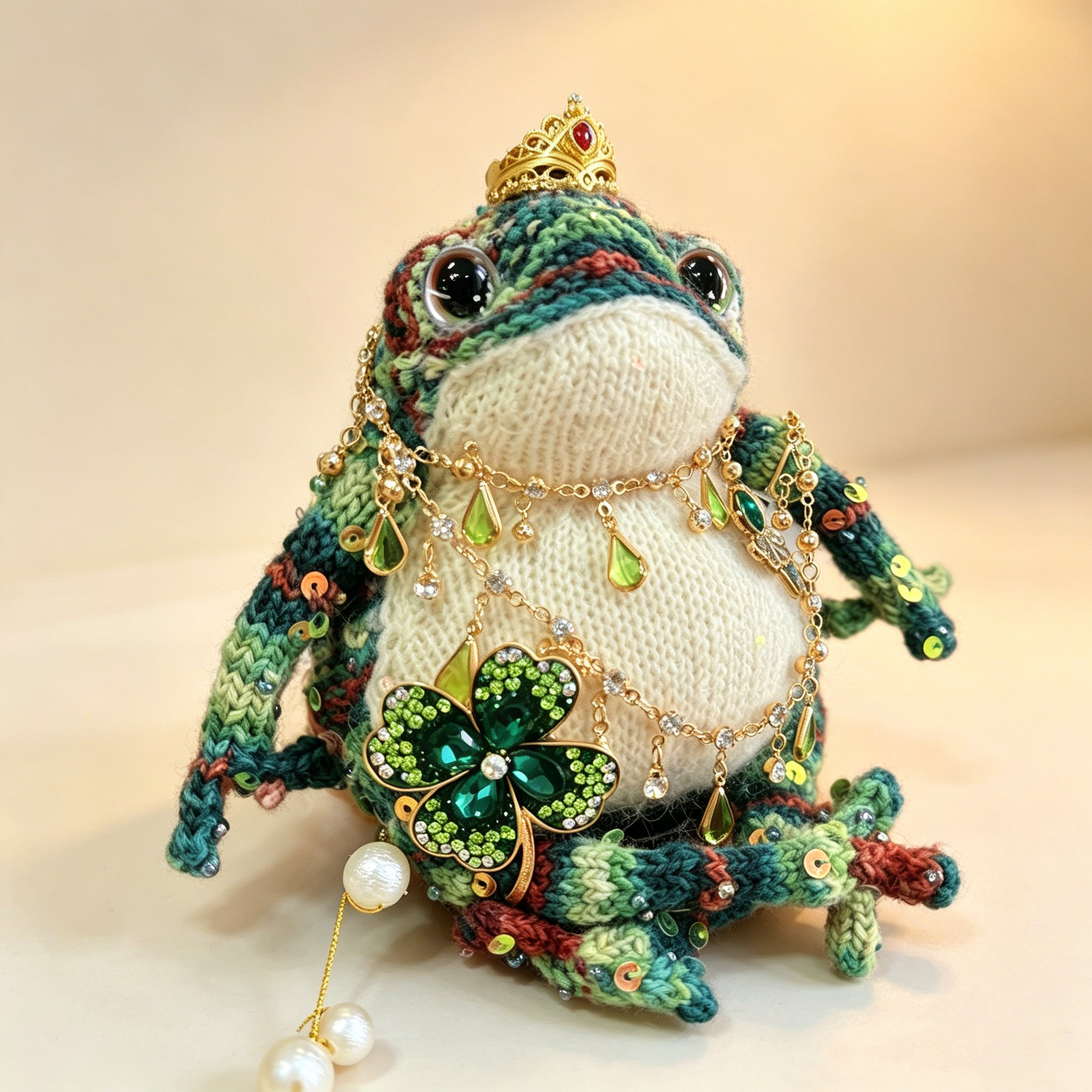 Royal Clover Toad – Hand-Knitted Figurine with Ruby Crown, Layered Crystal Necklace, Lucky Clover Brooch, Green Teardrop Pendants &amp; Pearl Toes | The Third Space