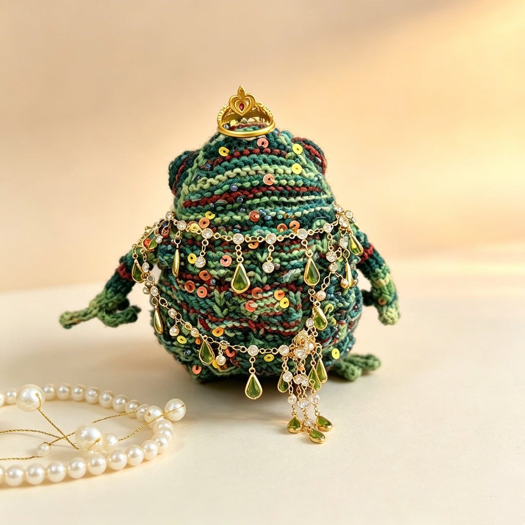Royal Clover Toad – Hand-Knitted Figurine with Ruby Crown, Layered Crystal Necklace, Lucky Clover Brooch, Green Teardrop Pendants &amp; Pearl Toes | The Third Space