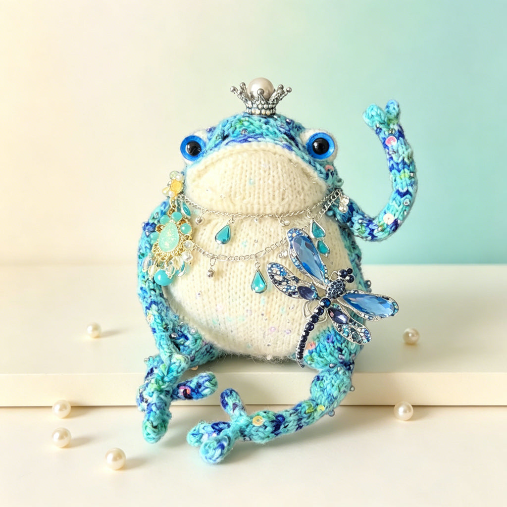 Dragonfly Princess Toad – Hand-Knitted Figurine with Silver Pearl Crown, Layered Crystal Necklace, Blue Teardrop Pendant, Dragonfly Brooch &amp; Floral Accents | The Third Space